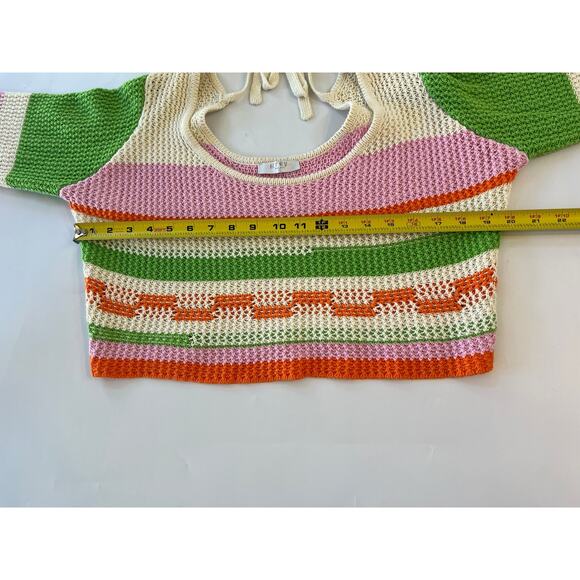 Grey Bandit Crochet Knit Striped Cropped Blouse Womens XL Beach Coastal Fairy - Picture 5 of 16